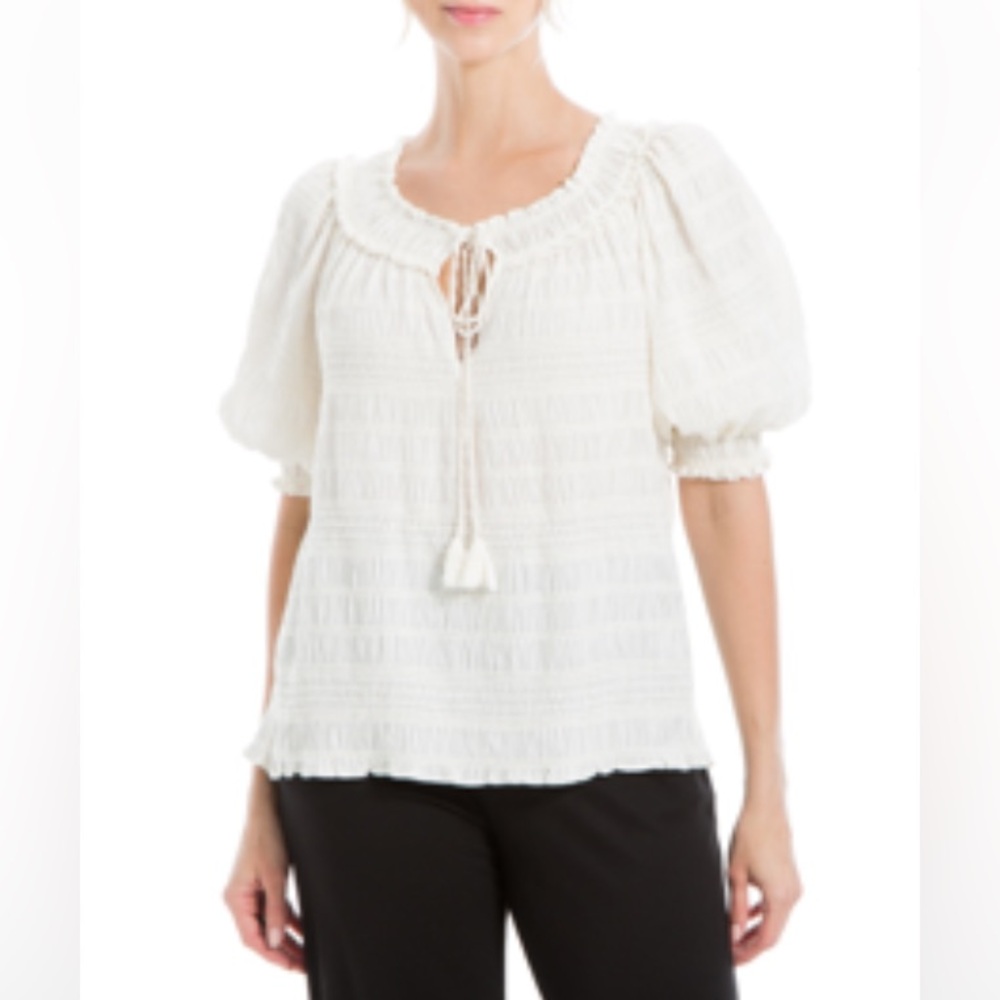 NWT✨ Max Studio London Puff Sleeve Tie Neck Gathered Elegant Cream Blouse Sm! - Picture 2 of 10